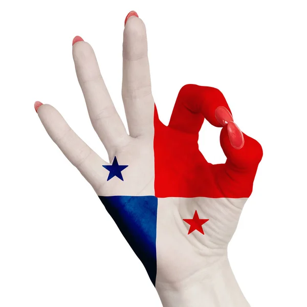 Panama Drapeau National Peint Sur Main Féminine Montrant Signe Image — Photo