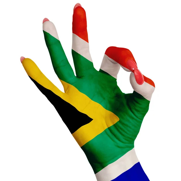 Südafrikas Nationalflagge Die Auf Weibliche Hand Gemalt Ist Und Ein — Stockfoto