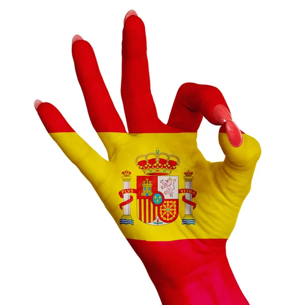 National Flag Spain Painted Female Hand Showing Sign Image White — Stock Photo, Image