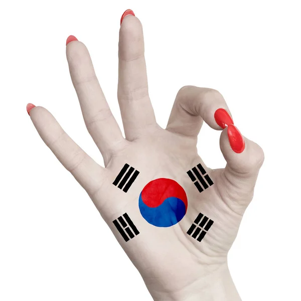 Bandera Nacional Corea Del Sur Está Pintada Una Mano Femenina — Foto de Stock