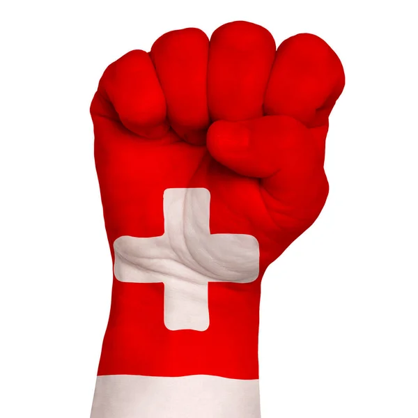 Man Hand Knytnäve Switzerland Flagga Målade Bild Vit Bakgrund Isolat — Stockfoto