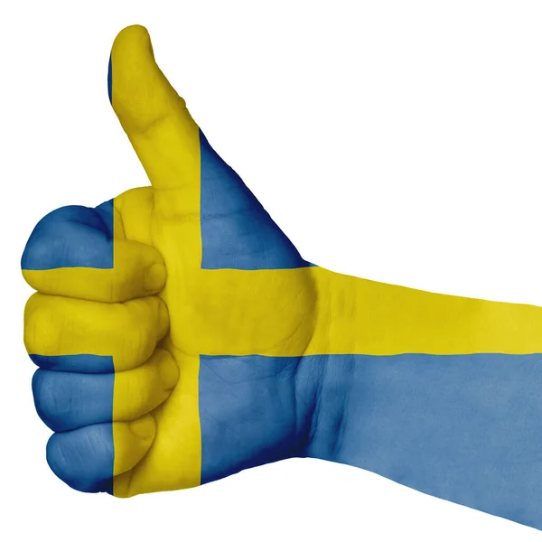 Mano Con Pulgar Hacia Arriba Gesto Bandera Nacional Suecia Color — Foto de Stock