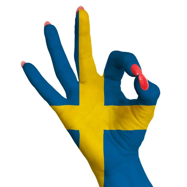 Bandera Nacional Suecia Pintada Mano Femenina Que Muestra Signo Imagen — Foto de Stock