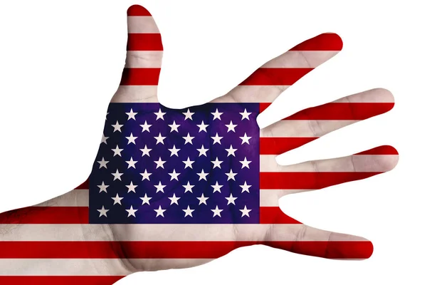 开放的手掌与美国国旗的形象 多用途概念 白色背景上的图像 隔离的 — 图库照片