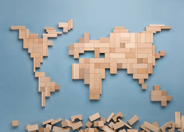 World map made from wooden toy blocks. — Stock Photo, Image