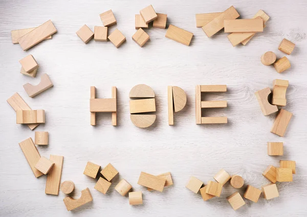 Construindo Conceito Esperança Palavra Esperança Escrito Com Brinquedos Blocos Construção — Fotografia de Stock