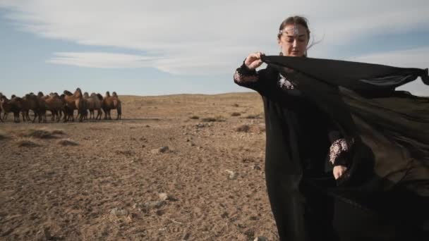 Hermosa mujer nacional ropa negra, abaya camellos de la estepa camellos, desierto, lento — Vídeo de stock
