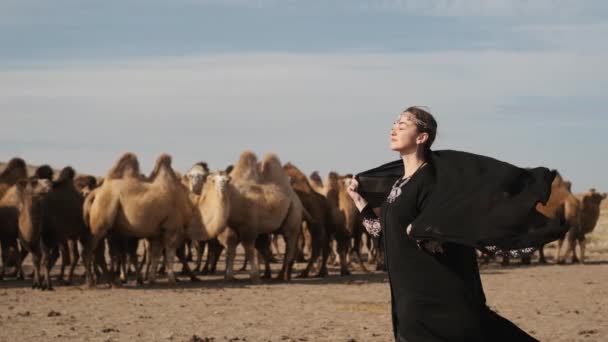 Bela mulher nacional roupas pretas, abaya camelos de estepe camelos, deserto, lento — Vídeo de Stock