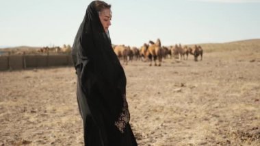 Güzel kadın ulusal siyah kıyafetler, abaya, bozkır develeri, çöl, yavaşça yürüyor.