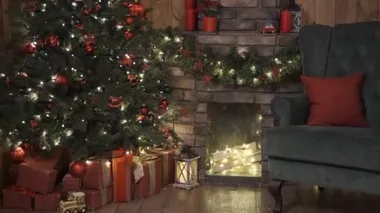 Noel ve yeni yıl arifesi, çelenkli şömine, ağacın altında hediyeler, sandalye.