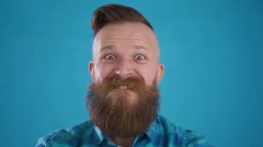 Caucasian man with beard and mustache in blue shirt looks at camera, shows fuck, screams and gets angry on blue background close-up 4K frame