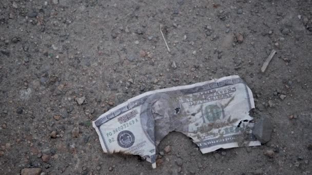 Экономический и финансовый кризис. Доллар лежит в грязи на земле — стоковое видео