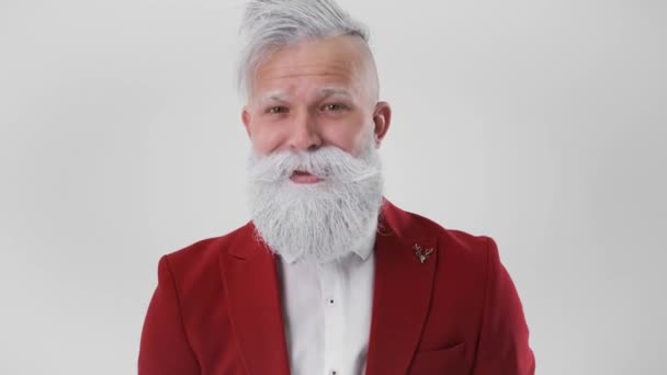 Fashionabla Santa, ger tummen upp, begreppet semester nytt år och jul — Stockvideo