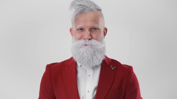 Fashionabla Santa, ger tummen upp, begreppet semester nytt år och jul — Stockvideo