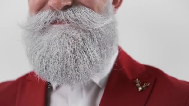 Noel Baba sakalını ve bıyığını okşuyor, gülümsüyor, kavramları ve Noel 'i — Stok video