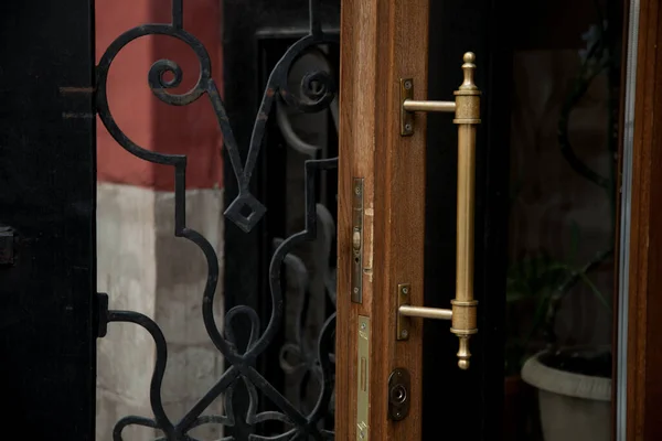 木製のドアにファンシーヴィンテージハンドル ハンドルとノッカーのデザイン — ストック写真