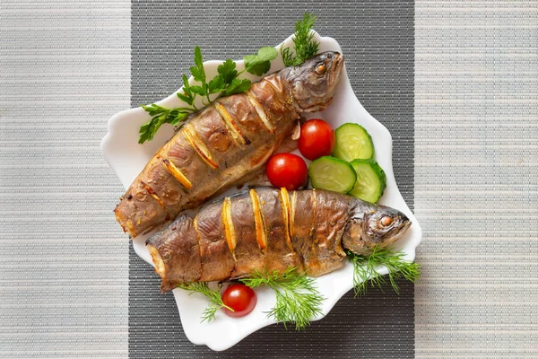 Two Baked Fish Plate Vegetables — Stock Photo, Image