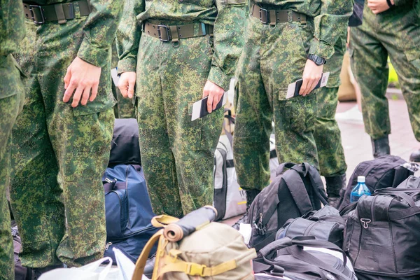 Cadets Conscripts Uniform Stand Line Bags Backpacks — Stock Photo, Image