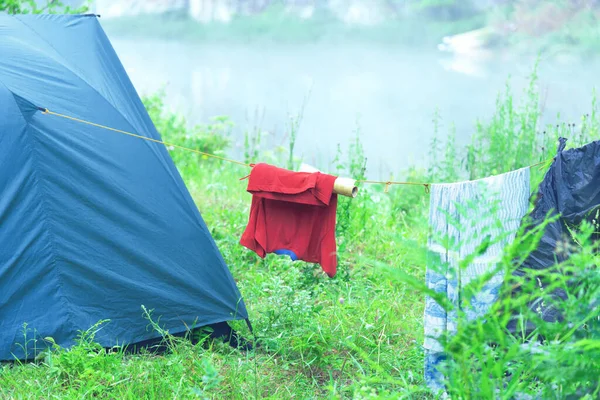 Kleding Wordt Gedroogd Camping Natuur Stockfoto