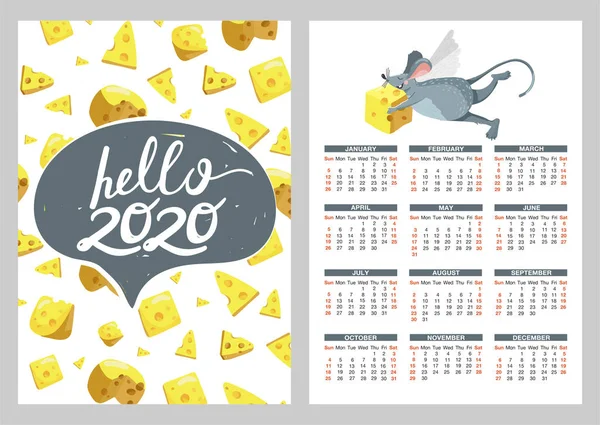 Calendario tascabile con illustrazioni di mouse e formaggio divertenti. Il ratto è simbolo del calendario cinese dell'anno 2020 . — Vettoriale Stock