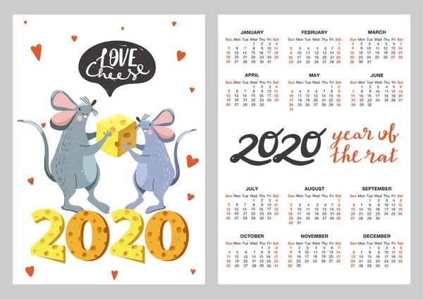 Calendario tascabile con illustrazioni di topi divertenti e formaggio. Il ratto è simbolo del calendario cinese dell'anno 2020 . — Vettoriale Stock