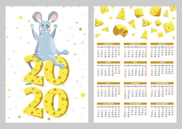 Calendario tascabile con illustrazioni di mouse e formaggio divertenti. Il ratto è simbolo del calendario cinese dell'anno 2020 . — Vettoriale Stock