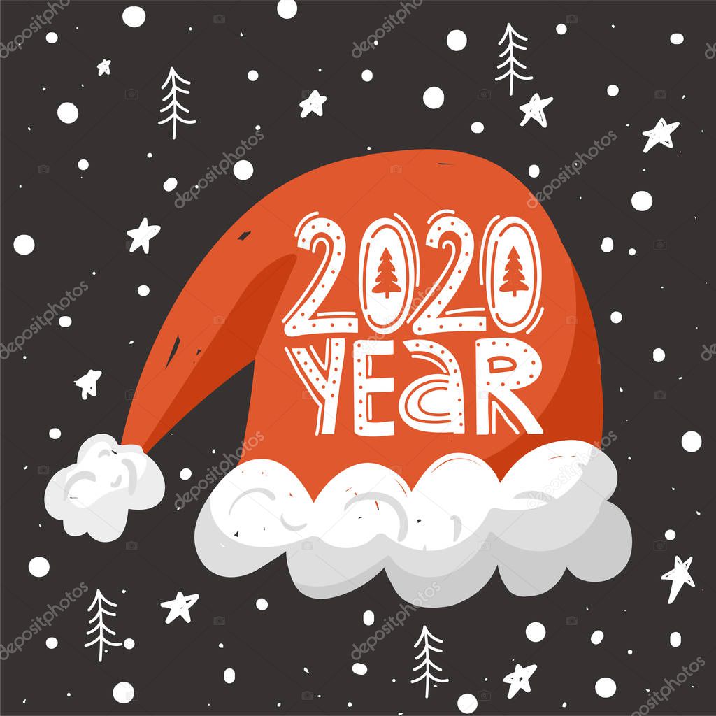Christmas and New Year illustration with a hat of Santa and lettering.