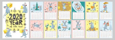 Komik fare resimleriyle dolu aylık takvim şablonu. Fare 2020 Çin takviminin sembolüdür..