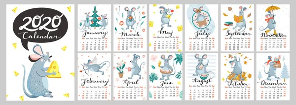 Щомісячний календар має шаблон з ілюстраціями смішної миші. Пацюк є символом китайського календаря 2020 року.. — стоковий вектор