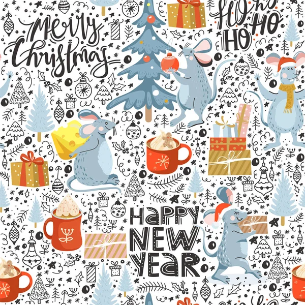 Vrolijk kerstfeest en gelukkig nieuwjaar naadloos patroon met kalligrafie zin, rat, sparren, cadeau, cacao drank en decoratie doodle elementen. — Stockvector