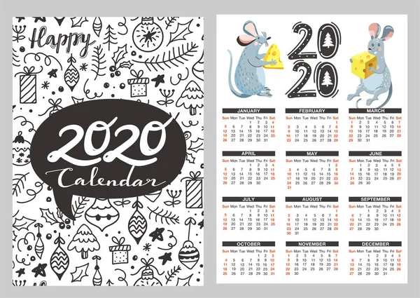 Calendario tascabile con illustrazioni di mouse divertente, formaggio ed elementi scarabocchi. Il ratto è simbolo del calendario cinese dell'anno 2020 . — Vettoriale Stock