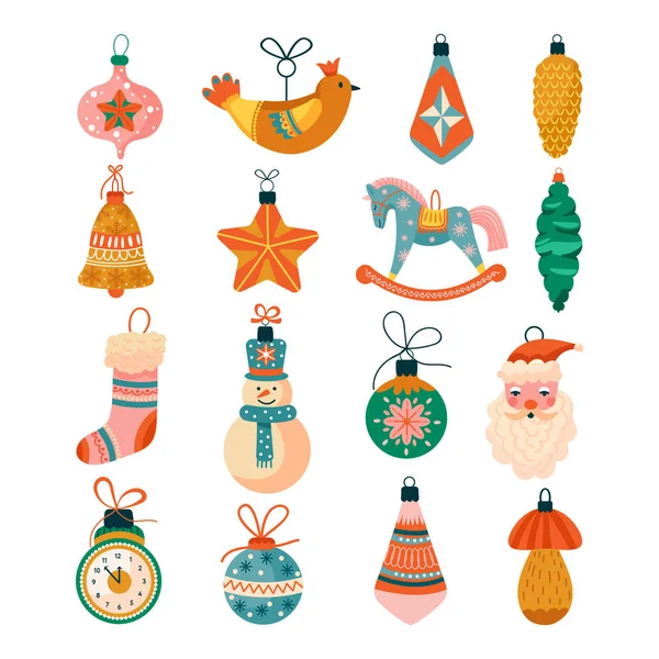 Boże Narodzenie zestaw różnych dekoracji drzew. Koń kołyszący, ptak, bałwan, Święty Mikołaj i zabawka kulowa. — Wektor stockowy