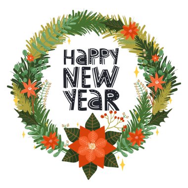 Noel Çiçeği Çelengi ve harfleri. Noktalı çiçek, ağaç dalı, yapraklar, kutsal yapraklar, böğürtlen, okaliptüs vs..