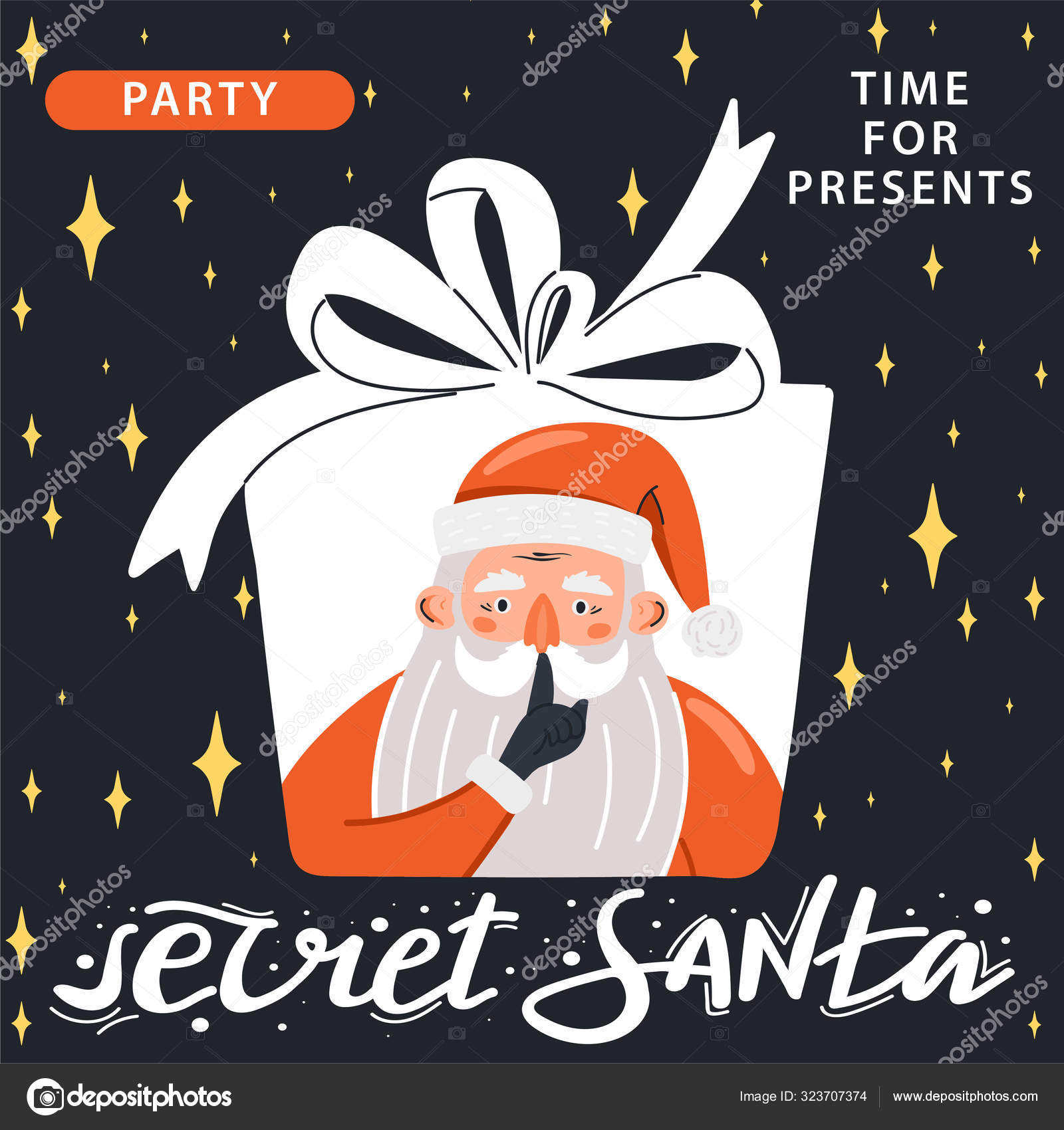 Secret Santa Party Caricature Drôle Personnage De Santa Avec Boîte Présente  Sur Le Toit Affiche Festive