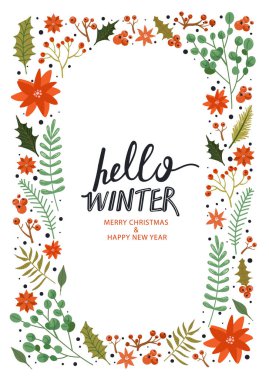 Mutlu Noeller ve mutlu yeni yıl tasarım çerçevesi çiçek noktalı ağaç dalı, yapraklar, kutsal yapraklar, böğürtlen vesaire. Merhaba kış yazıtları.