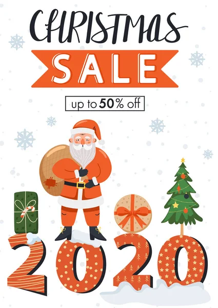 Banner de vânzare de Crăciun. Scrisoare mare a anului 2020 cu personaj amuzant Moș Crăciun, brad și cadou . — Vector de stoc