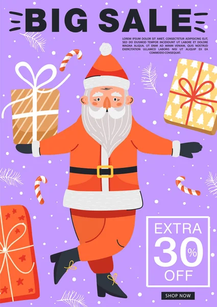 Banner de venta de Navidad. Personaje divertido de Papá Noel con regalos . — Archivo Imágenes Vectoriales