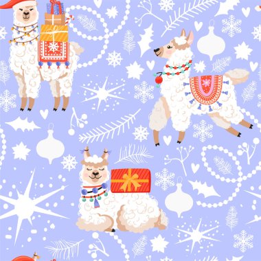 Lama, kar tanesi, köknar ağacı dalı, yıldız, çiçek elementi ve diğer süslemelerle kusursuz desen. Mutlu Noeller ve mutlu yıllar..