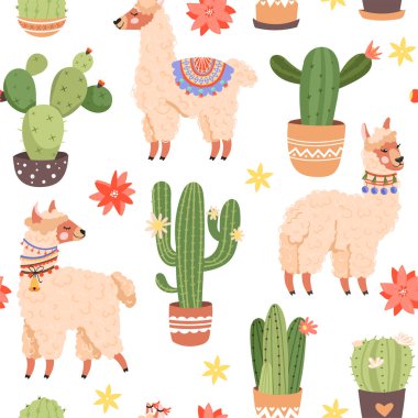 Lama, kaktüs ve çiçeklerle kusursuz desen..