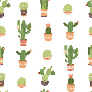 Çeşitli kaktüslerle kusursuz desenler. Tekstil, kartpostal, ambalaj kağıdı, ambalaj.
