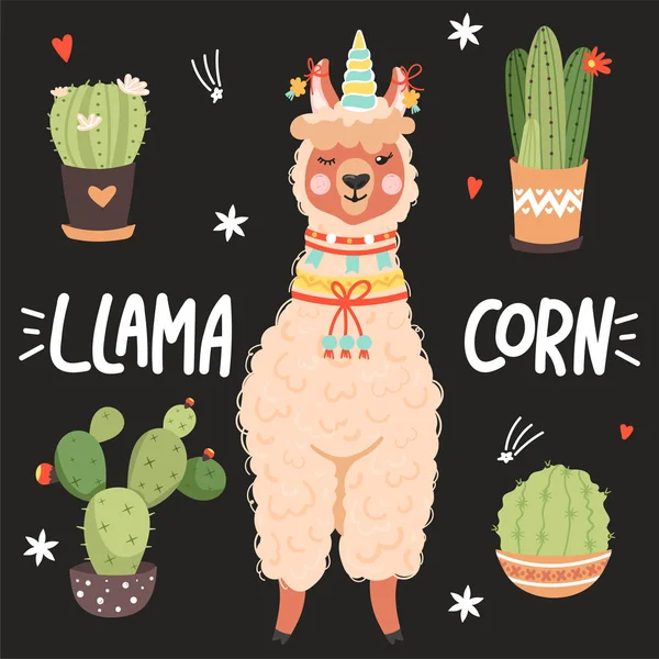Linda alpaca de dibujos animados con un cuerno de unicornio. "Llamacorn" frase inspiradora con cactus, corazón y estrellas . — Vector de stock