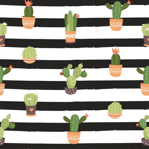 Patrón sin costura con varios pote de cactus sobre fondo rayado . — Archivo Imágenes Vectoriales