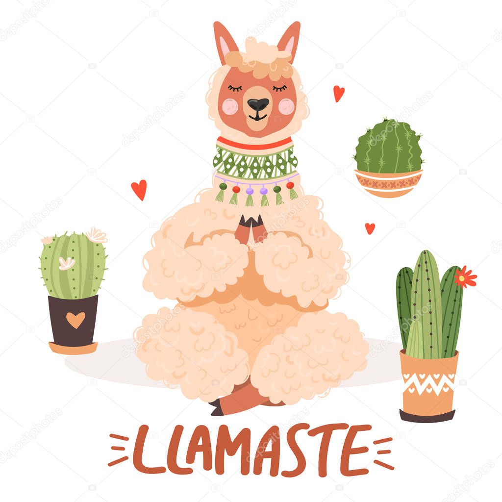 Cute cartoon alpaca in yoga pose. Llamaste inspirational lettering phrase with cactus.