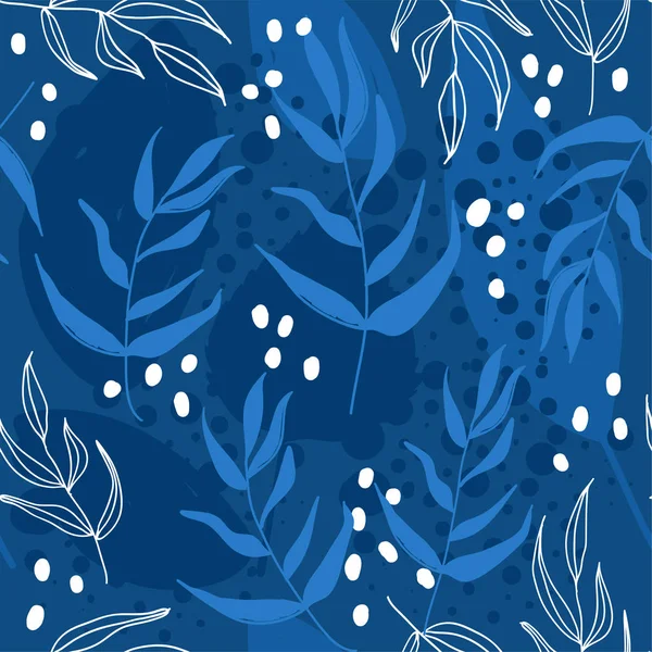 Klassische blaue Farbe nahtlose Muster mit abstrakten Elementen und Blättern. Farbe des Jahres 2020. — Stockvektor