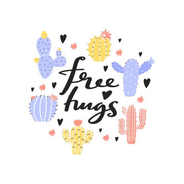 Şirin çizgi film soyut, saf kaktüs bitkileri. Bedava kucaklaşmalarla yazdır ilham verici mesaj.