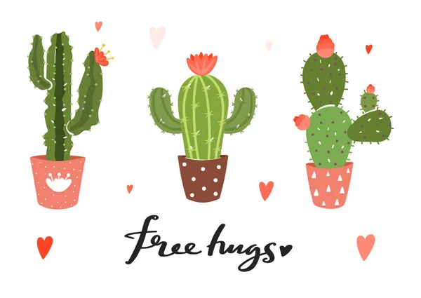 Cute cartoon cactus plants. Print with free hugs inspirational text message. — Stock Vector