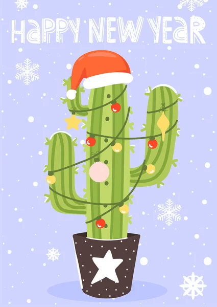 Feliz Navidad y feliz año nuevo tarjeta de felicitación. Lindo cactus con bombilla y sombrero de Santa Claus . — Archivo Imágenes Vectoriales