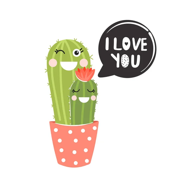 Valentine's Day greeting card. Cute cartoon couple of cactus with funny face. Print with I love you inspirational text message. — Stock Vector
