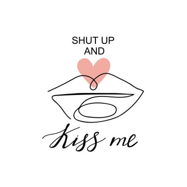 Trendy abstract one line lips with heart shape. Minimalist concept. Stylish typography slogan design 
