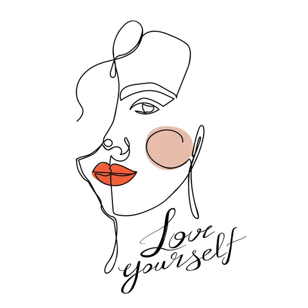 Una línea abstracta de moda cara de mujer. Diseño elegante del lema de tipografía "Ama a ti mismo" signo . — Vector de stock
